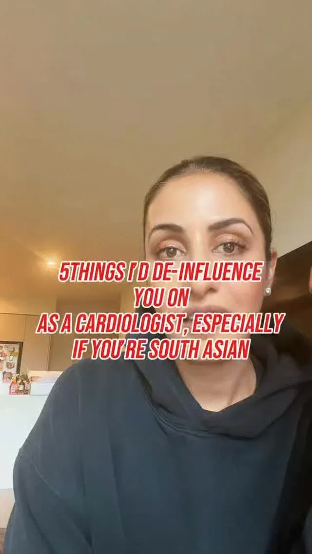 5 things I’d de-influence you on as a cardiologist👇❤️

There’s a lot of health advice online, and not all of it applies equally to South Asians.

As a cardiologist, these are five things I wish more people in our community would stop believing:

❌ “I’m thin, so I’m healthy.”
❌ “I’ll worry about my heart when I’m older.”
❌ “Supplements will fix everything.”
❌ “A walk after dinner is all I need.”
❌ “If I feel fine, I must be fine.”

The reality? Heart disease, diabetes, and high blood pressure can develop silently for years, and South Asians are at higher risk, often at younger ages and lower BMIs than many people realize.

The good news is that early screening and small, consistent lifestyle changes can make a meaningful difference.

Which one surprised you the most? Let me know in the comments, and don’t miss Part 2.

❤️ Save this post for yourself or share it with someone who needs to hear it

#southasian #hearthealth #cardiologist #pakistani #indian